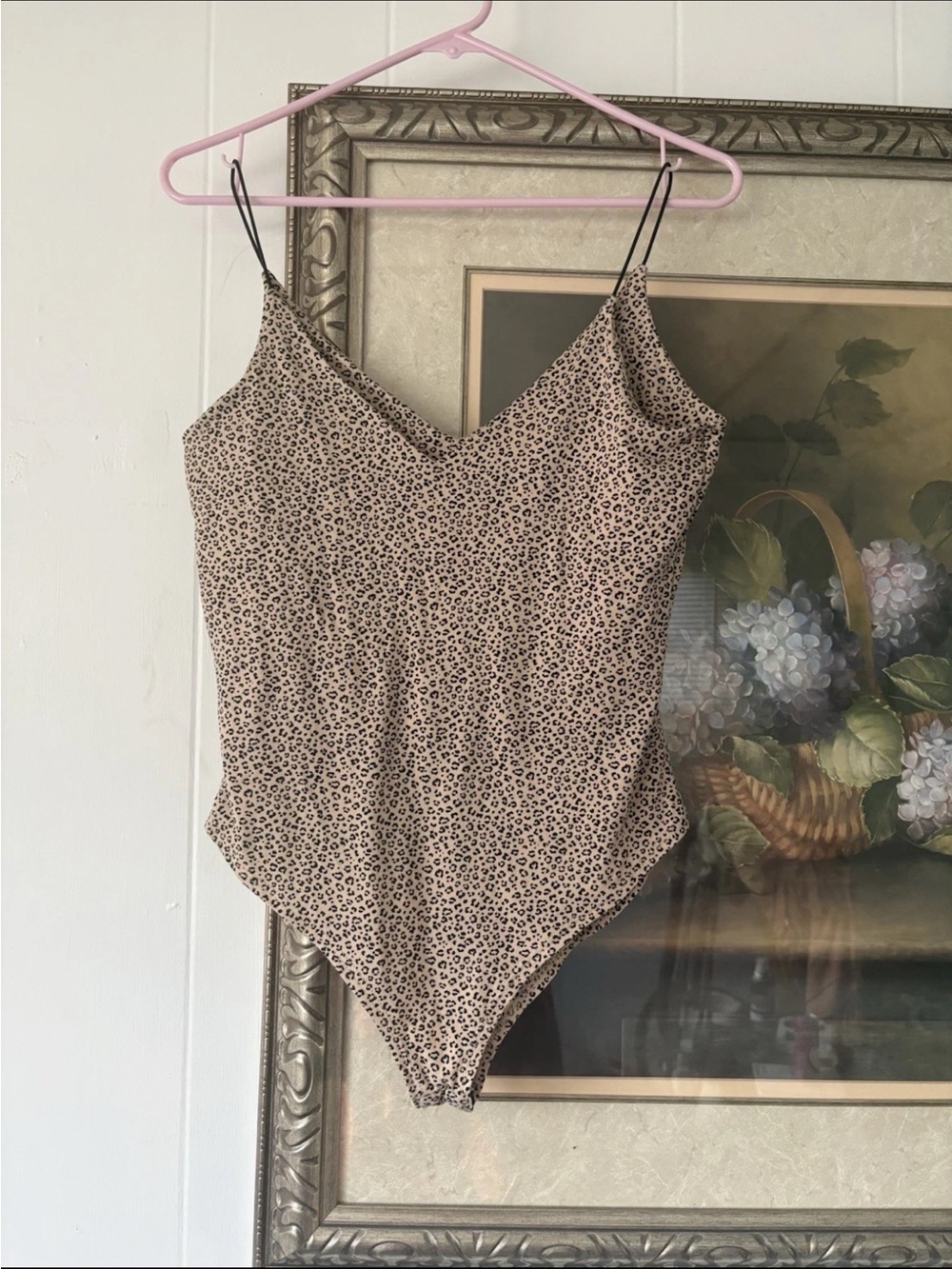 gaze Beige Leopard Print Cami Bodysuit with Black Straps